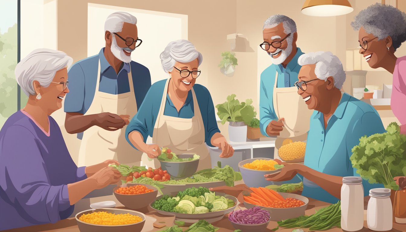 A group of seniors gather around a table, chatting and laughing as they portion out ingredients into containers for their weekly meal prep