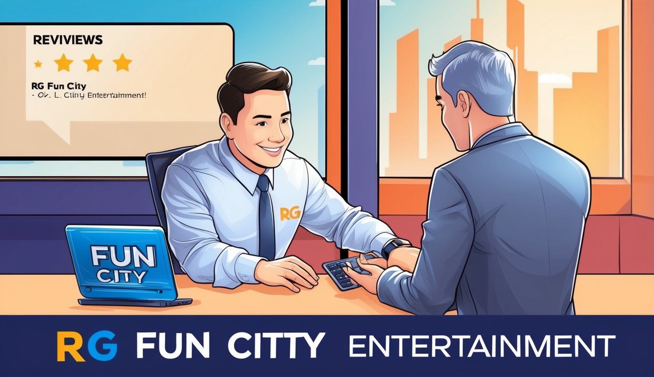 一位客戶服務代表在RG Fun City Entertainment協助客戶，背景中顯示著正面的評價