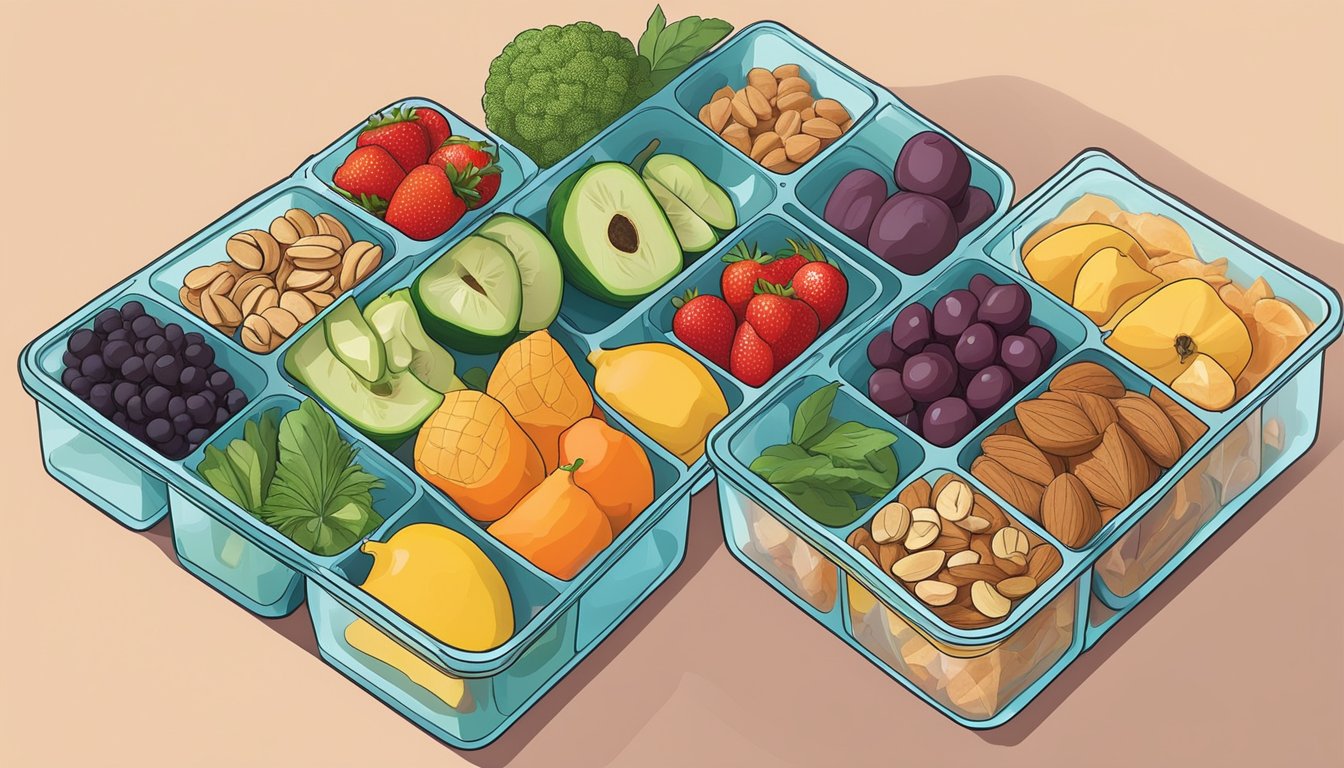 A colorful array of fresh fruits, vegetables, nuts, and plant-based snacks neatly organized in a meal prep container