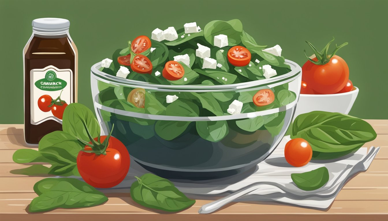 A bowl of fresh spinach leaves, cherry tomatoes, sliced cucumbers, and crumbled feta cheese, topped with a drizzle of balsamic vinaigrette