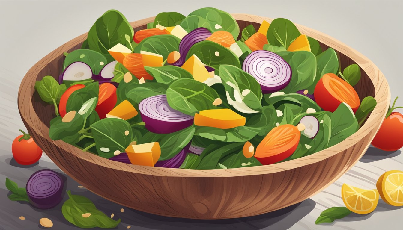 A fresh spinach salad in a wooden bowl, surrounded by colorful vegetables, drizzled with homemade vinaigrette