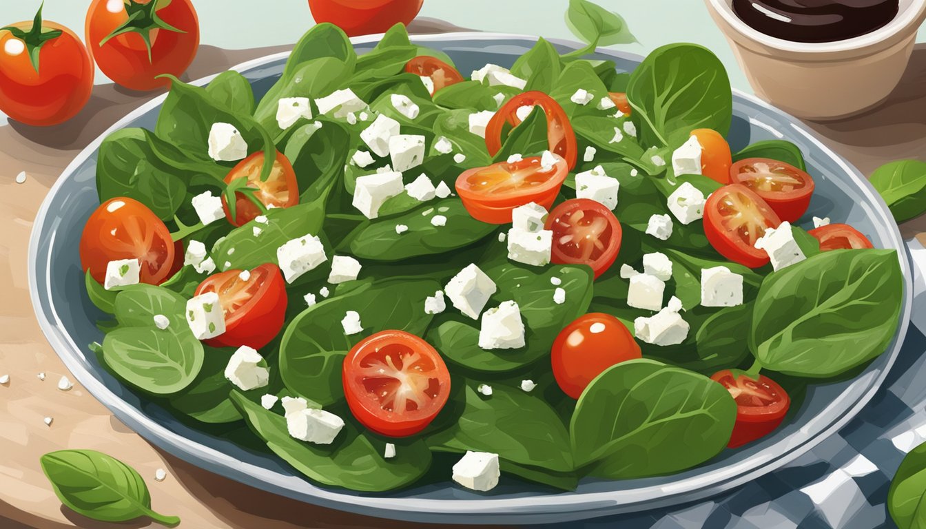 Fresh spinach leaves tossed with cherry tomatoes, sliced cucumbers, and crumbled feta cheese, drizzled with balsamic vinaigrette