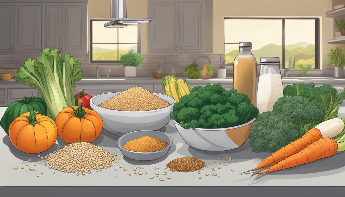 A kitchen counter with assorted fresh vegetables, lean proteins, and whole grains laid out for meal prepping. A salt shaker sits untouched in the background