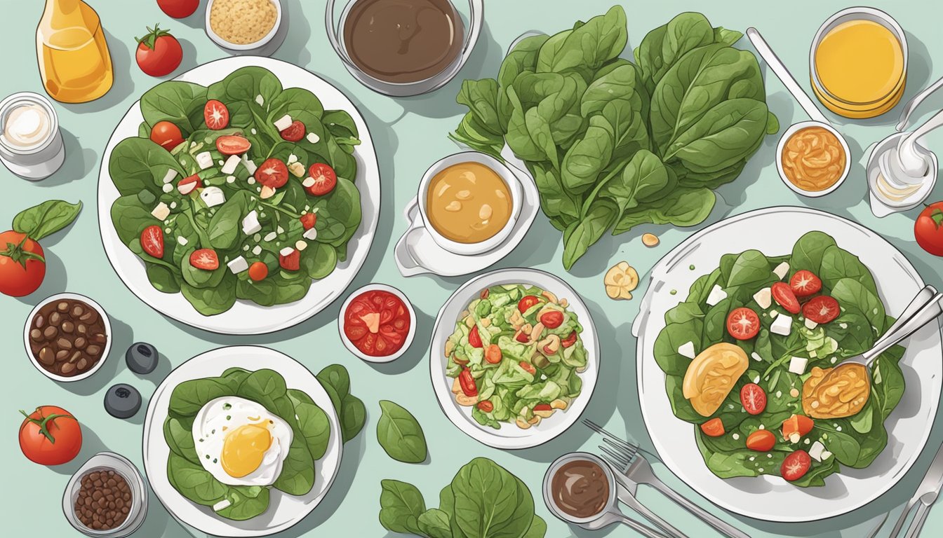 A spinach salad surrounded by various toppings and dressings, with utensils nearby