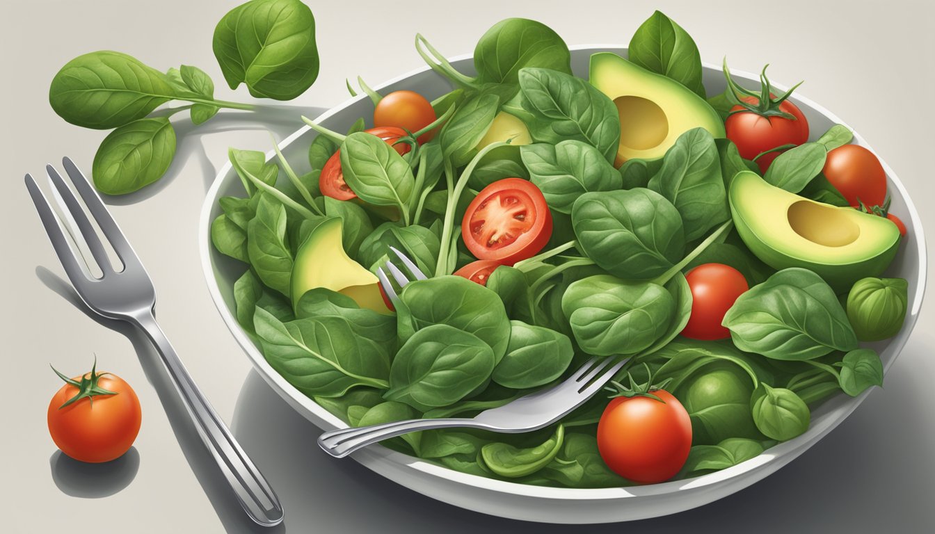 A fork spears spinach, tomato, and avocado from a salad bowl