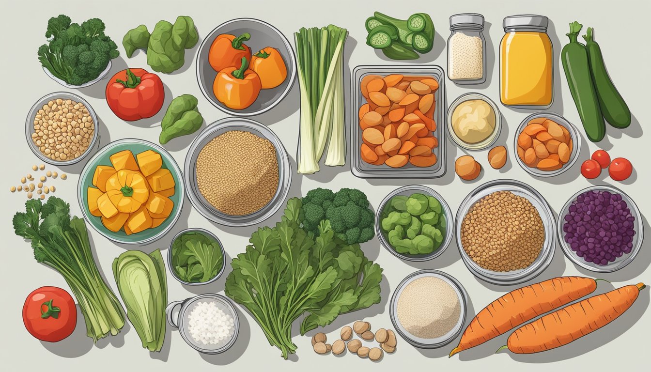 A kitchen counter with fresh vegetables, lean proteins, and whole grains laid out for meal prepping