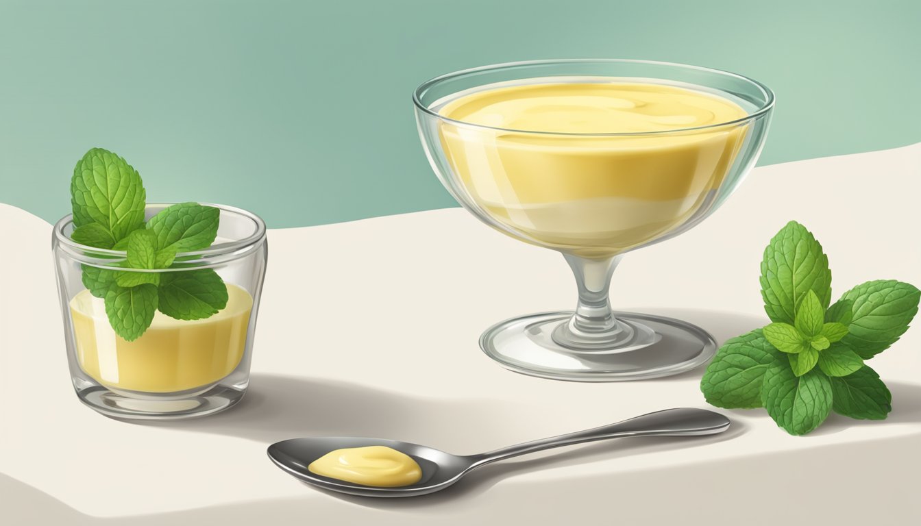 A table set with a delicate glass bowl of zabaglione cream, accompanied by a small spoon and a sprig of fresh mint