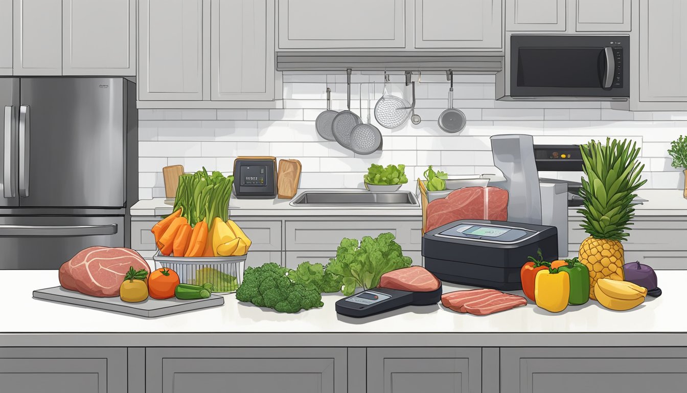 Fresh produce and vacuum-sealed meats arranged on a clean, organized kitchen counter next to a sous vide machine