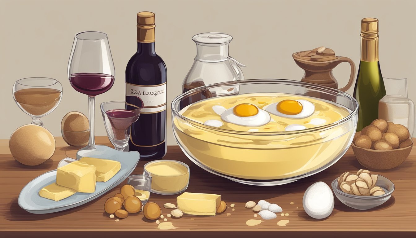 A bowl of zabaglione cream surrounded by ingredients like eggs, sugar, and Marsala wine, with possible substitutions such as non-alcoholic wine and sweeteners