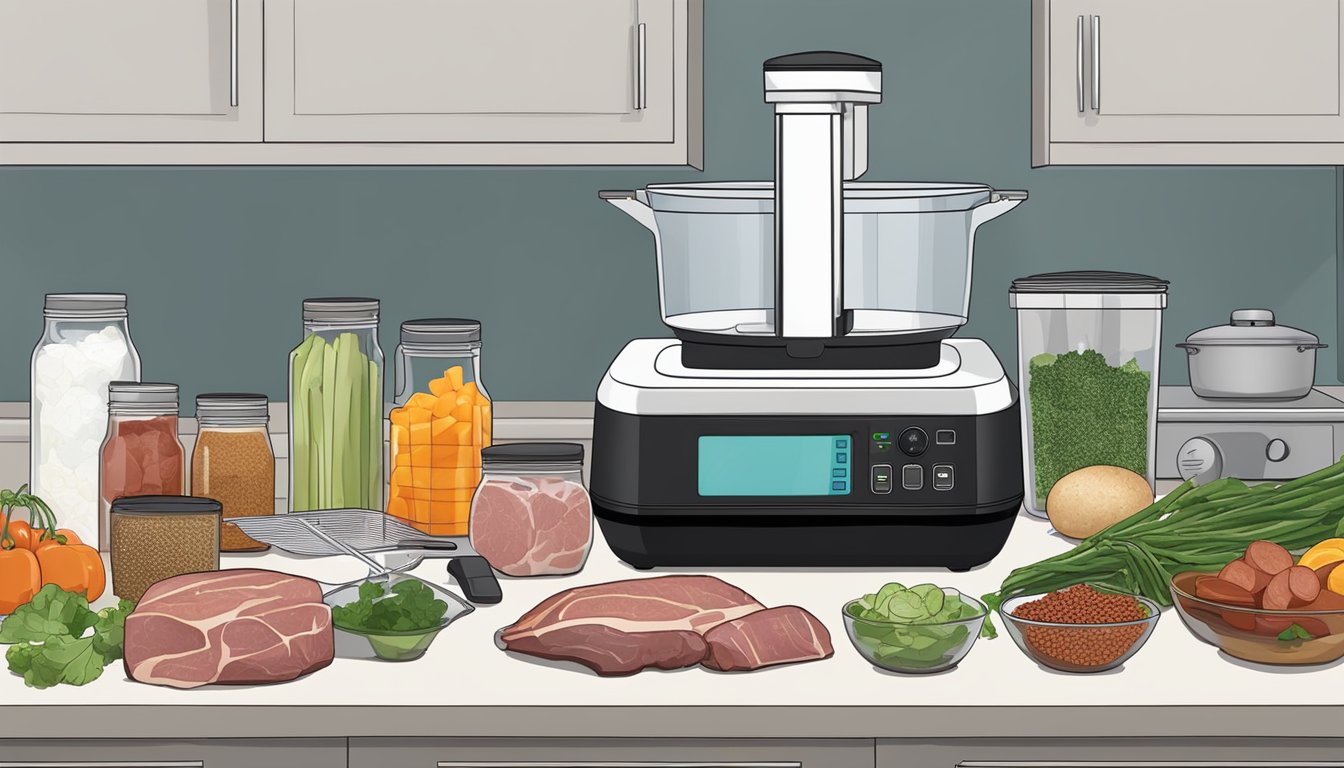 A kitchen counter with a sous vide machine, vacuum sealer, and various cooking utensils. Ingredients such as meats, vegetables, and seasonings are laid out for meal prepping