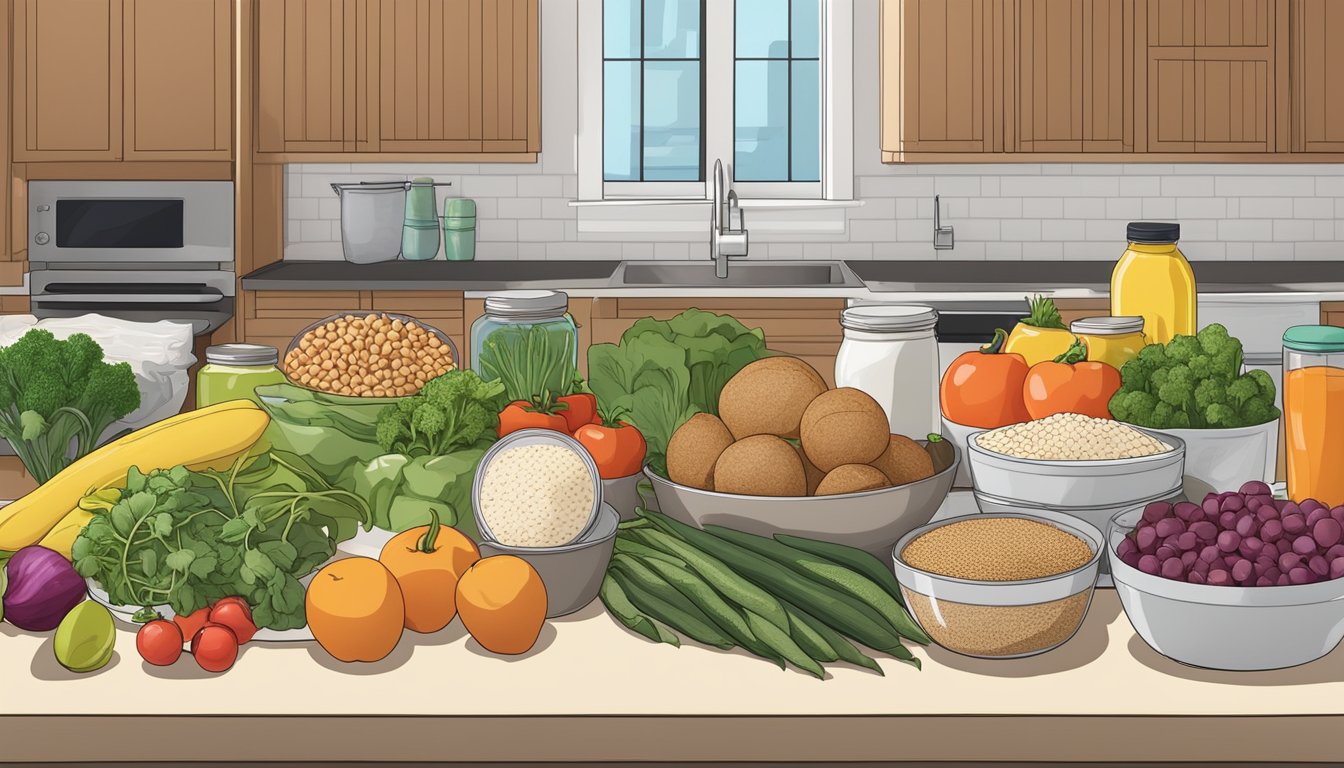 An athlete's kitchen counter with fresh produce, lean protein, and whole grains laid out for meal prepping