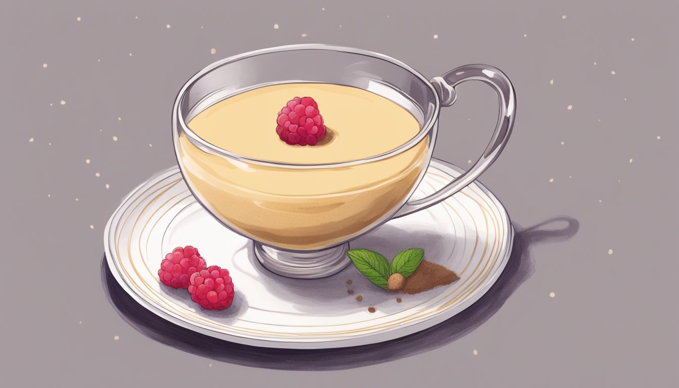 A small dish of zabaglione cream sits atop a delicate saucer, garnished with a sprinkle of cocoa powder and a single fresh raspberry