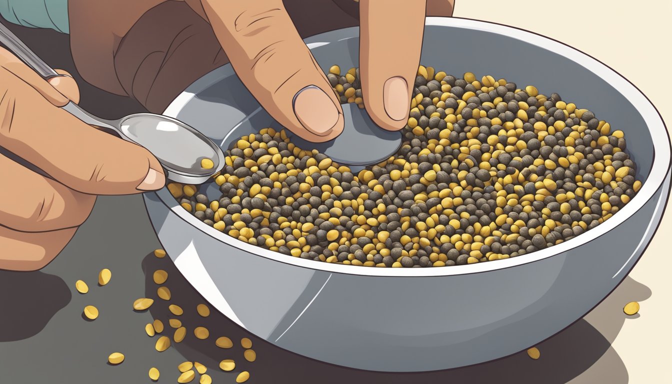 A person placing acacia seeds in a bowl and eating them with a spoon