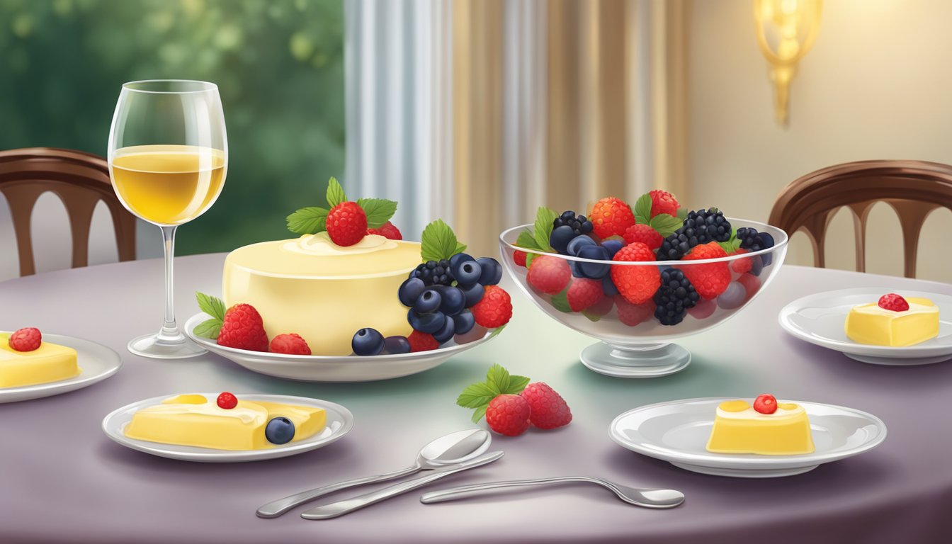 A festive table setting with a bowl of zabaglione cream, surrounded by fresh berries and a glass of dessert wine