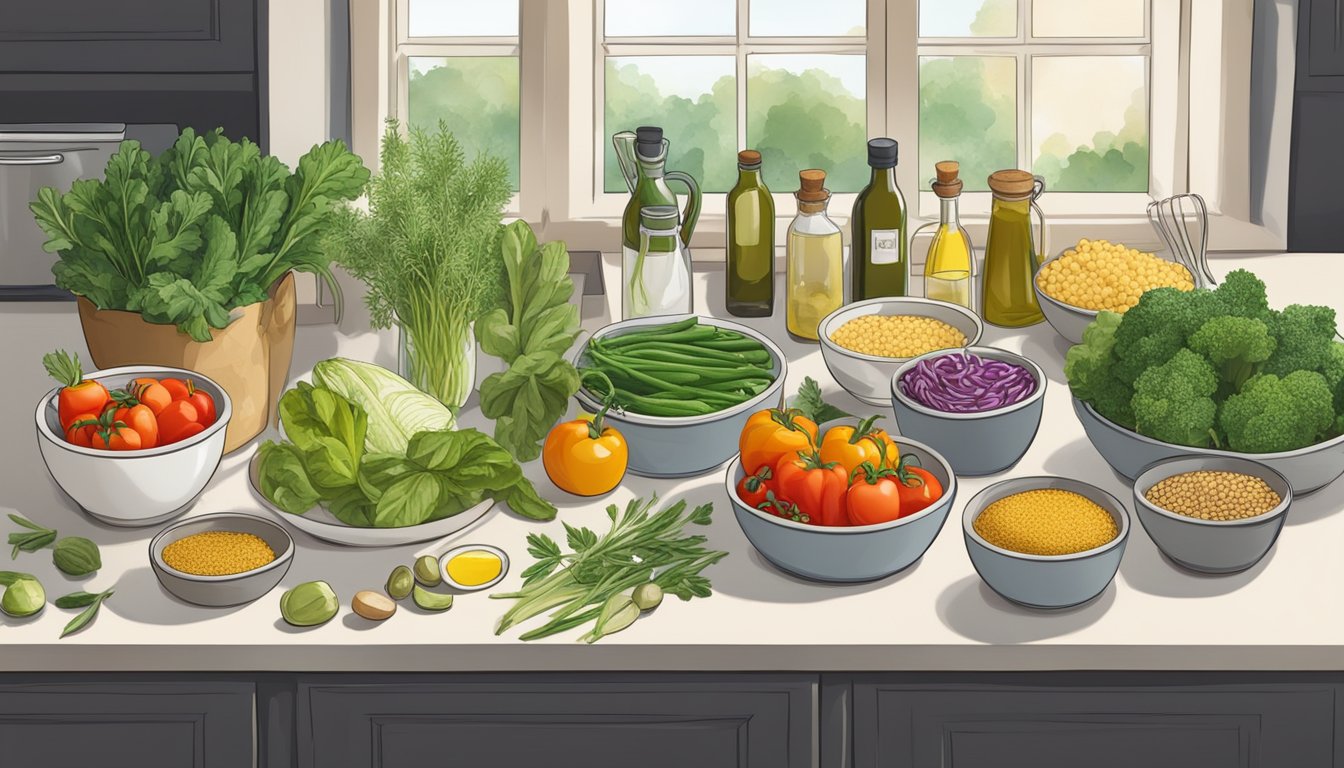 A kitchen counter with a variety of fresh vegetables, olive oil, herbs, and grains laid out for meal prep