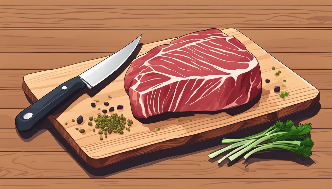 A raw steak on a clean cutting board, surrounded by seasonings and a sharp knife