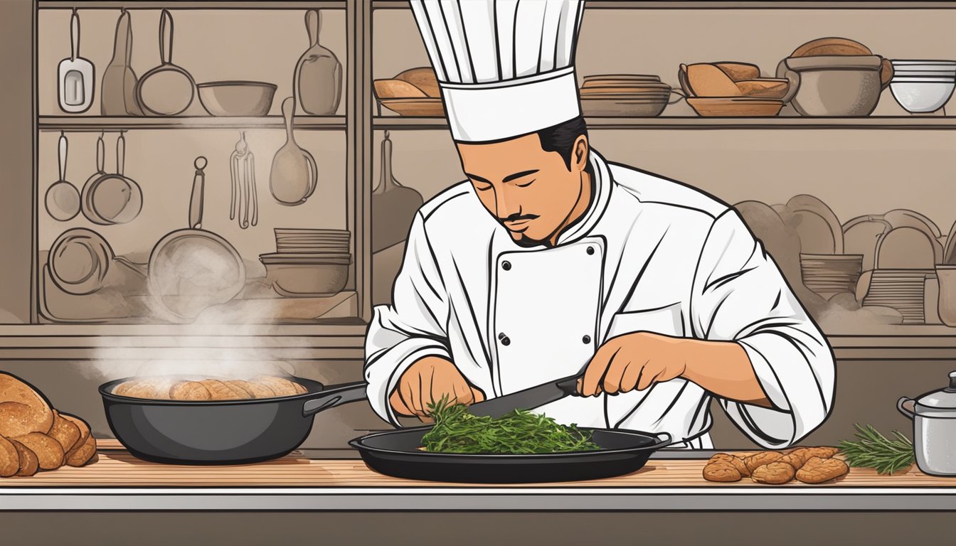 A chef slicing and sautéing sweetbread in a sizzling pan with herbs and spices