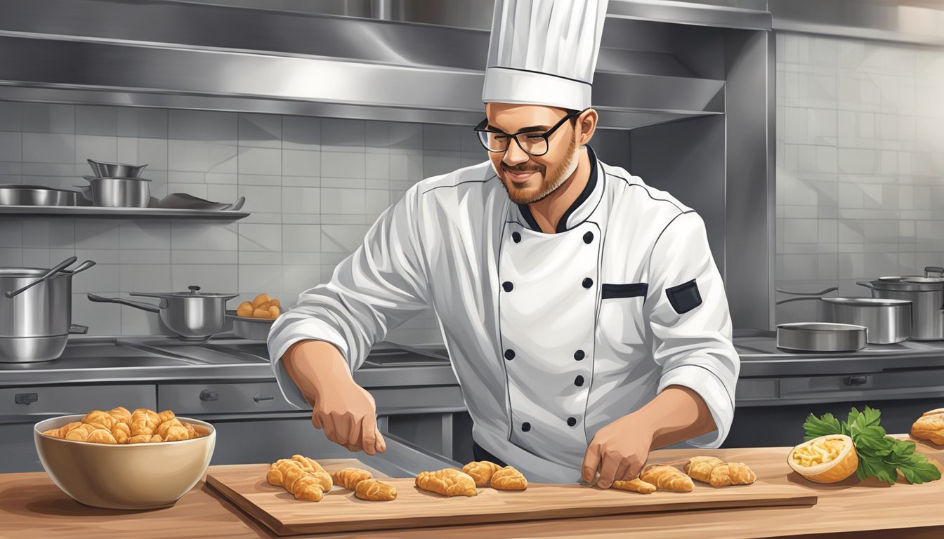 A chef slicing sweetbread in a professional kitchen