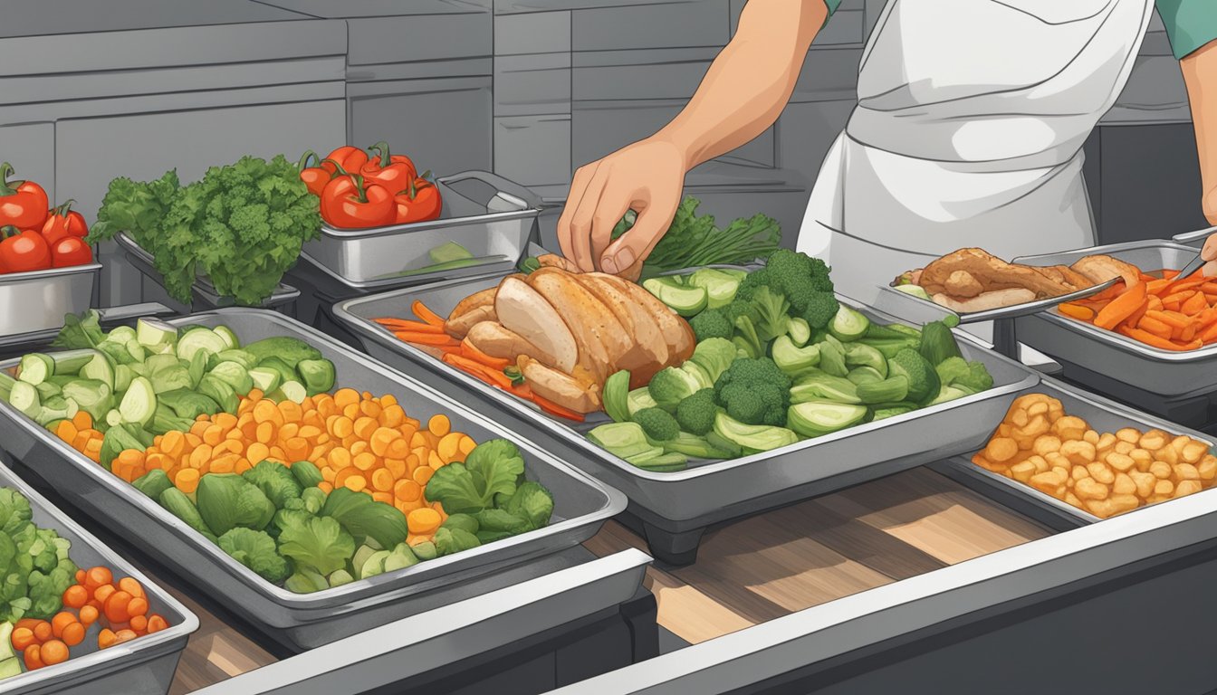 Fresh vegetables being chopped, grilled chicken being seasoned, and containers being filled with portioned meals