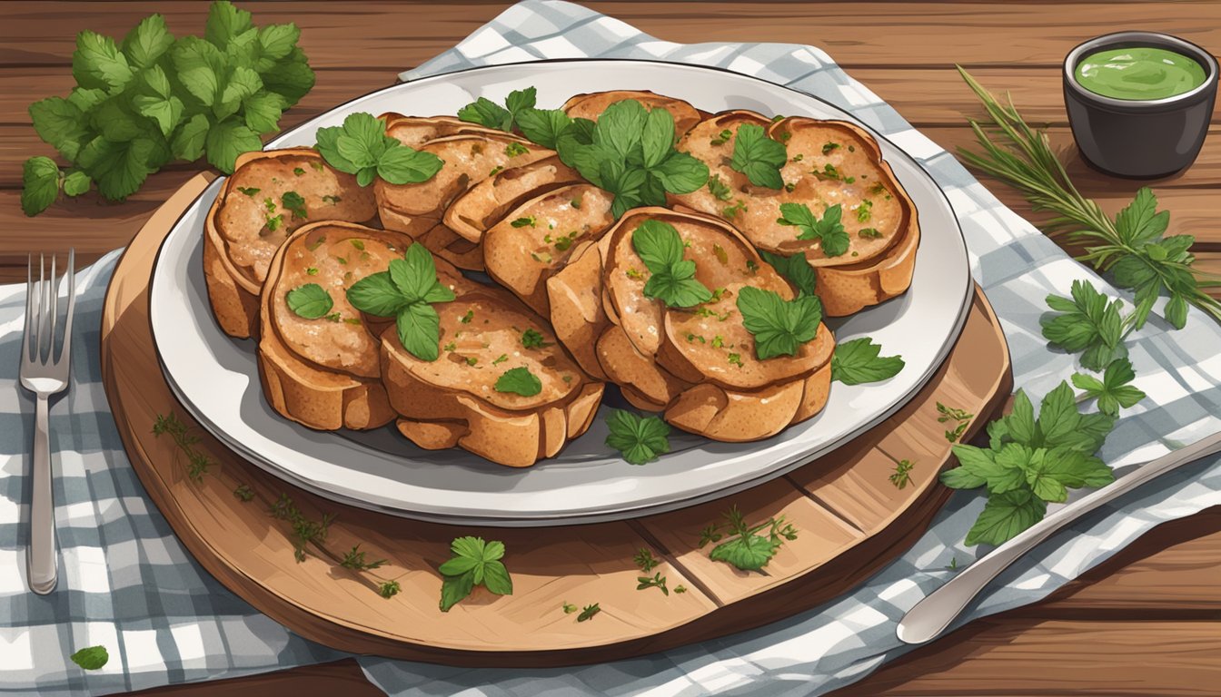 A plate with sliced sweetbread, accompanied by fresh herbs and a drizzle of sauce, sits on a rustic wooden table