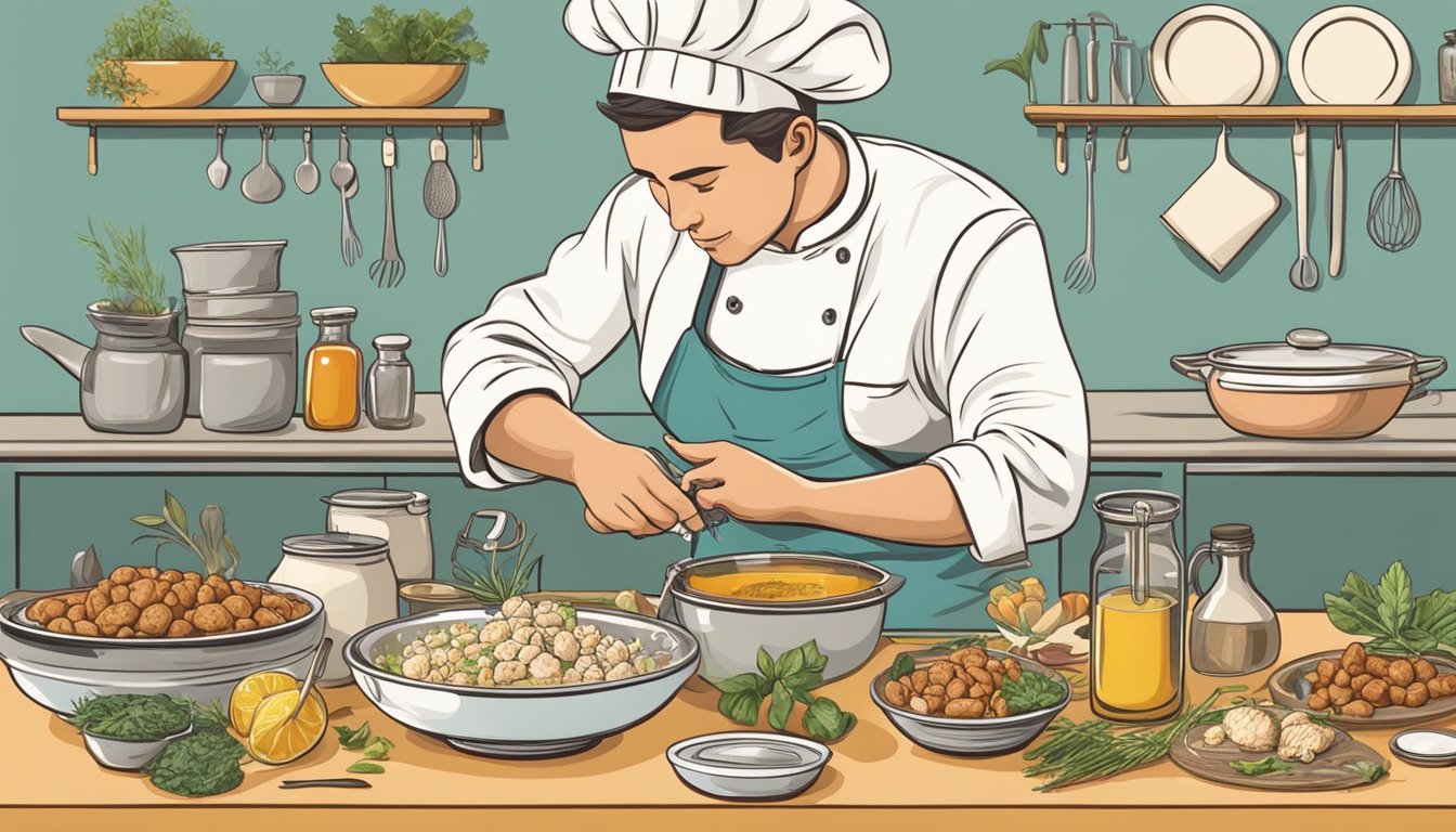 A table set with various ingredients and cooking utensils, with a chef preparing alternative dishes to sweetbreads