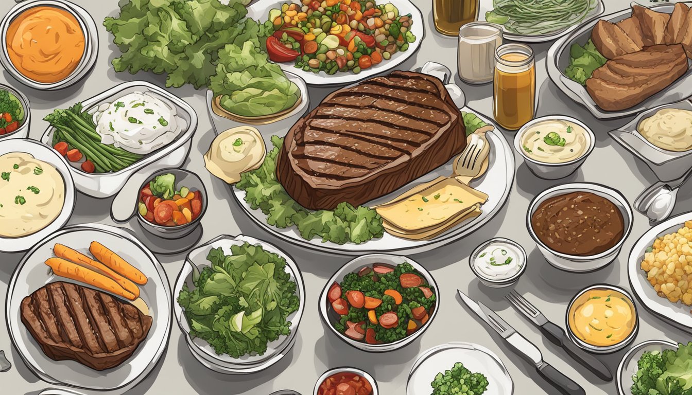 A steak surrounded by various side dishes and accompaniments, such as mashed potatoes, steamed vegetables, and a side salad