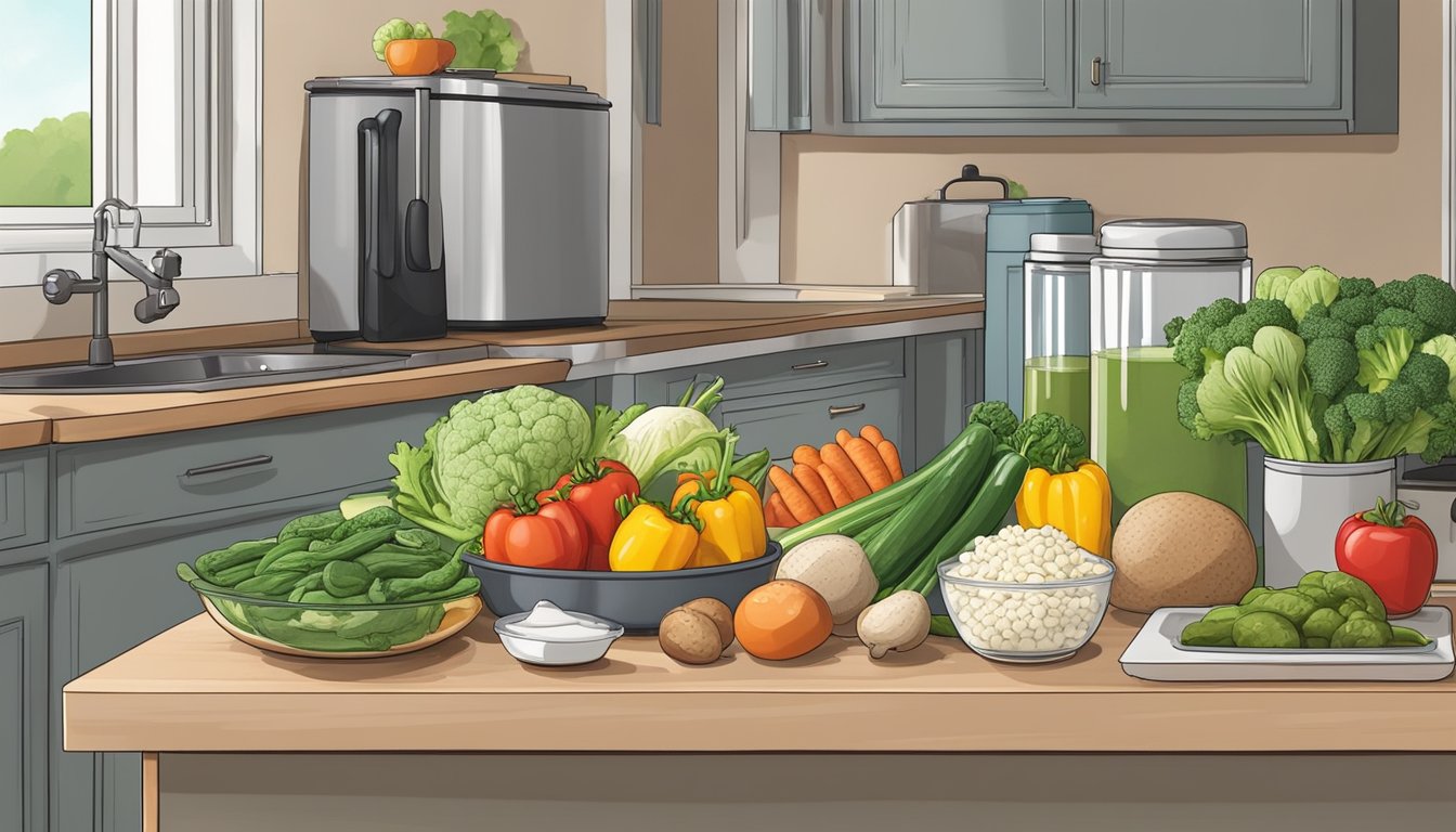 A kitchen counter with various fresh vegetables, lean proteins, and healthy fats laid out for meal prepping. A scale and containers are nearby for portioning and storage