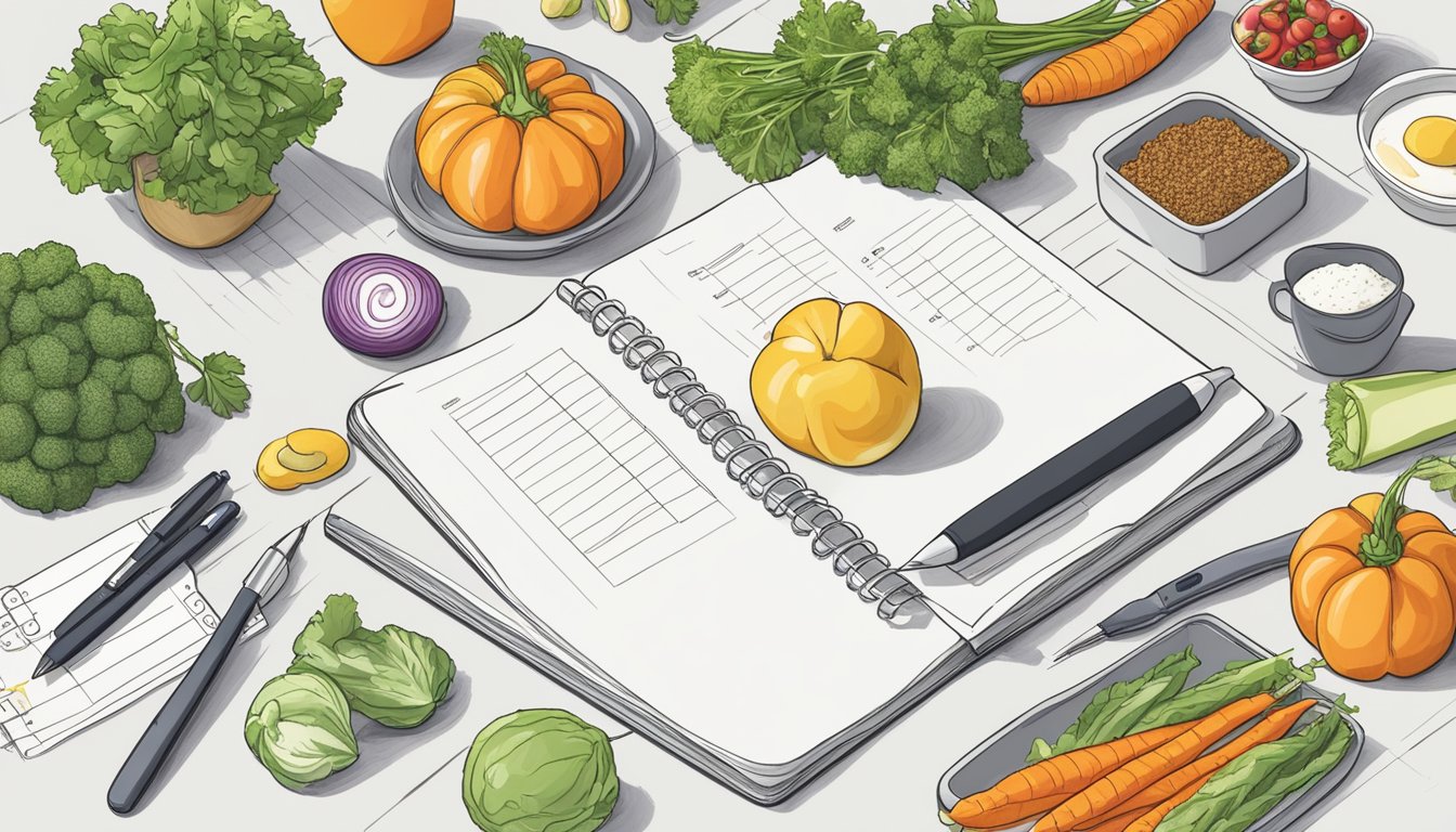 A kitchen counter with various vegetables, lean proteins, and measuring tools laid out for meal prep. A notebook with a low carb meal plan and a pen are also visible