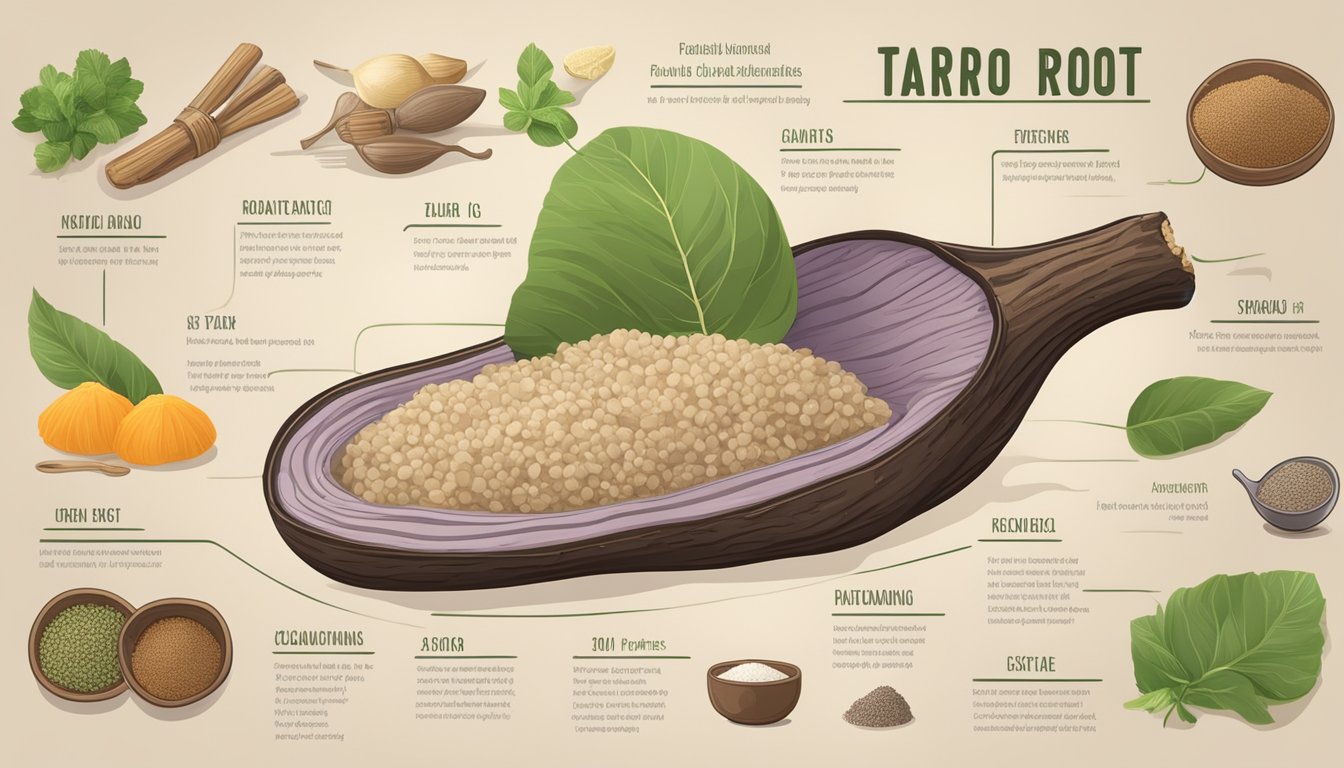 A taro root with its nutritional information displayed, surrounded by various cooking utensils and ingredients