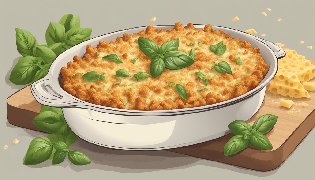 A bubbling dish of ziti al forno surrounded by fresh basil, oozing with melted cheese, and topped with golden breadcrumbs