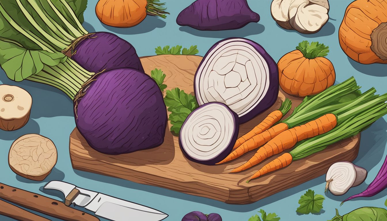 A whole taro root surrounded by other root vegetables, with a knife and cutting board nearby