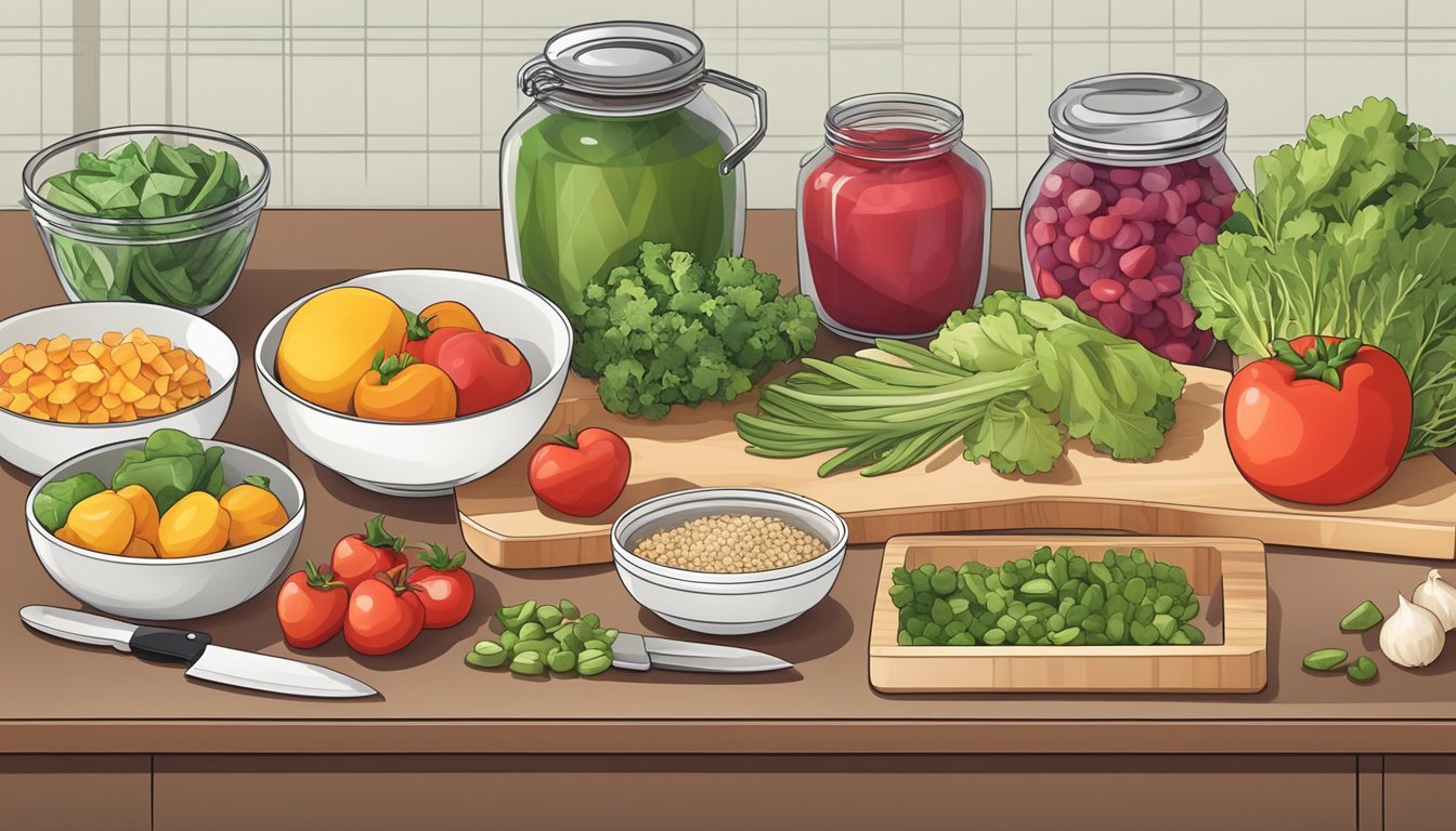 A kitchen counter with colorful, heart-healthy ingredients neatly organized in containers, alongside a cutting board and knife for meal prepping