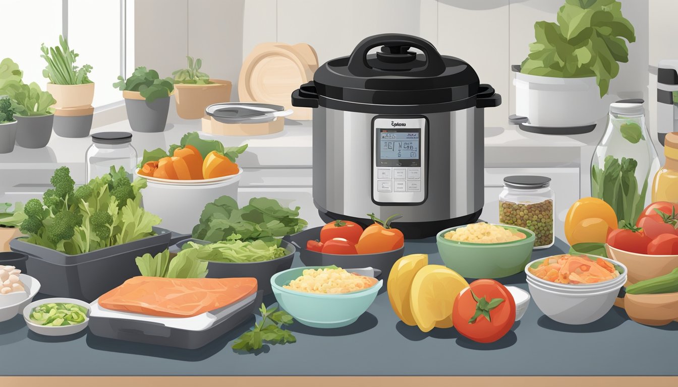 A kitchen counter with a pressure cooker, various fresh ingredients, and organized meal prep containers