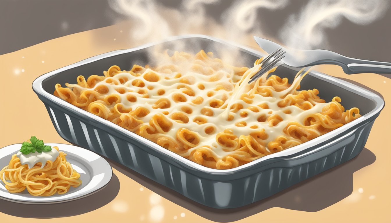 A fork twirls up a steaming ziti al forno, oozing with melted cheese, as it is lifted from a bubbling hot baking dish