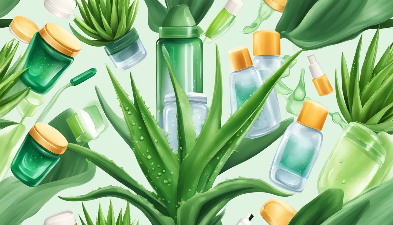 Aloe vera plant with thick, fleshy leaves and gel oozing out, surrounded by skincare products and dermatological tools