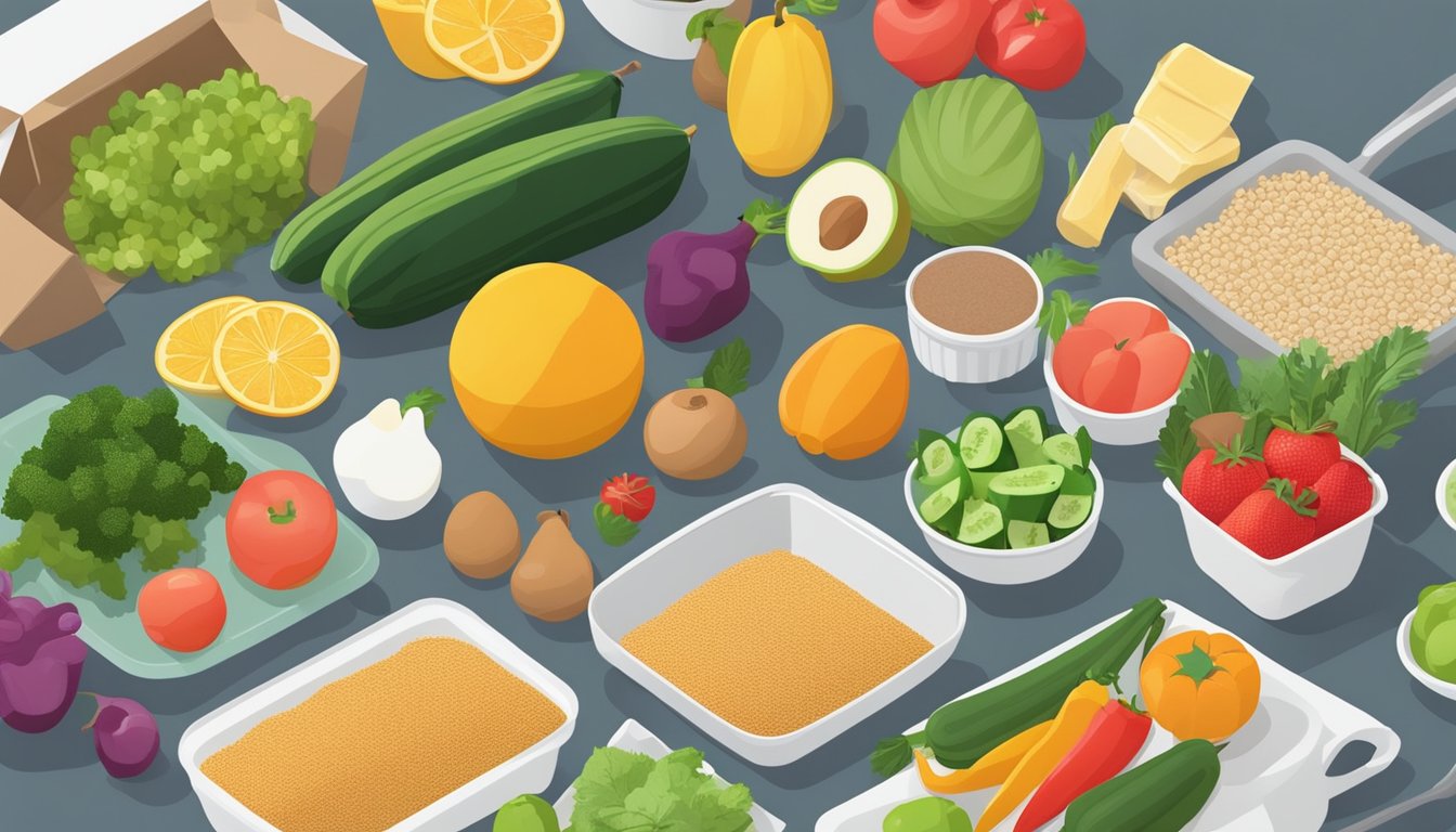 A kitchen counter with a variety of fresh fruits, vegetables, whole grains, and lean proteins laid out for meal prepping