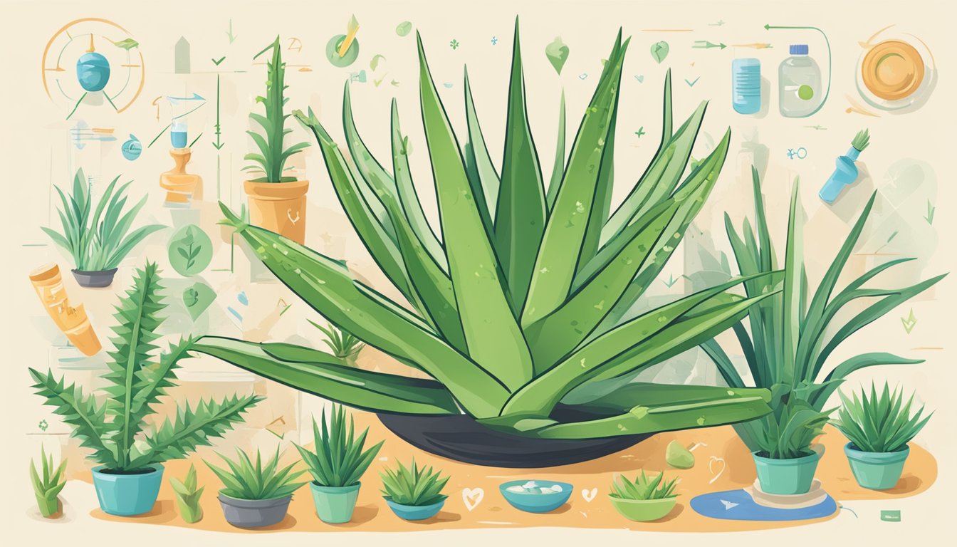 Aloe vera plant surrounded by various health condition symbols, with arrows pointing to the plant