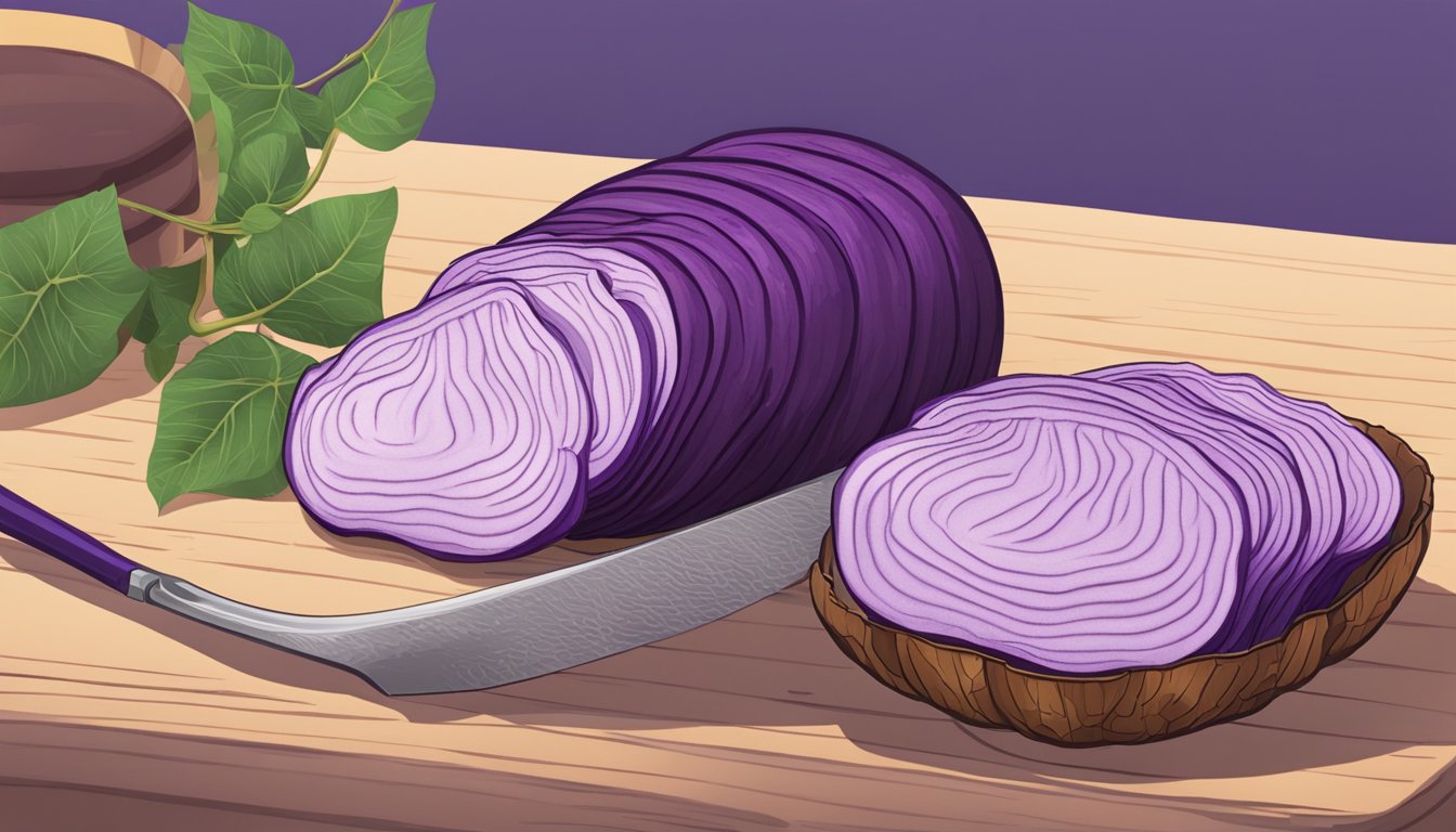 A taro root being sliced and prepared for use in various drinks and desserts, with vibrant purple flesh visible