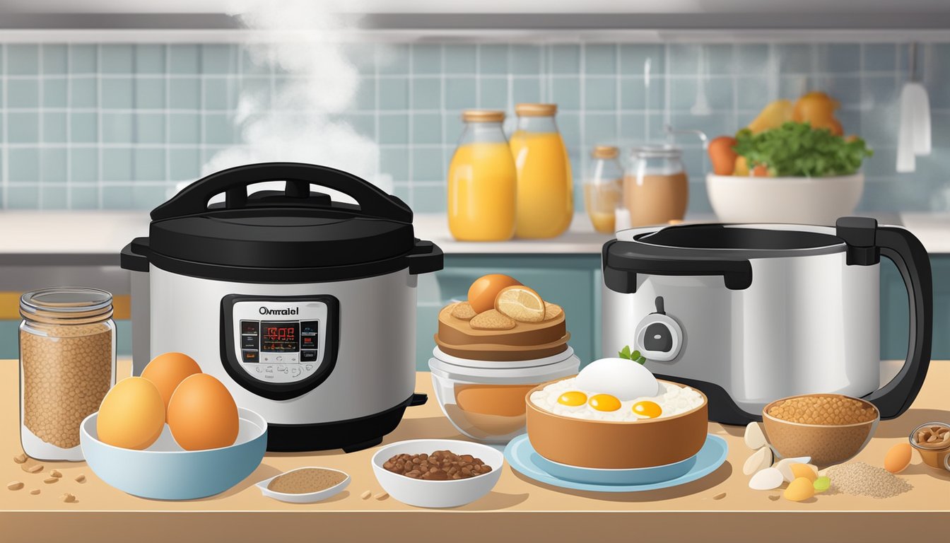 A pressure cooker surrounded by various prepped breakfast items such as eggs, oatmeal, and fruits on a kitchen counter