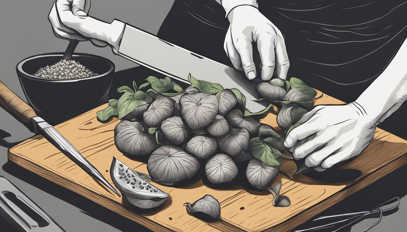 A pair of hands peeling a taro root with a knife on a clean cutting board