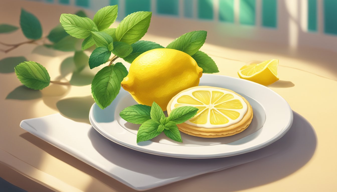 A lemon cookie sits on a white plate, surrounded by fresh lemon slices and a sprig of mint. Sunlight streams in, casting a warm glow on the scene