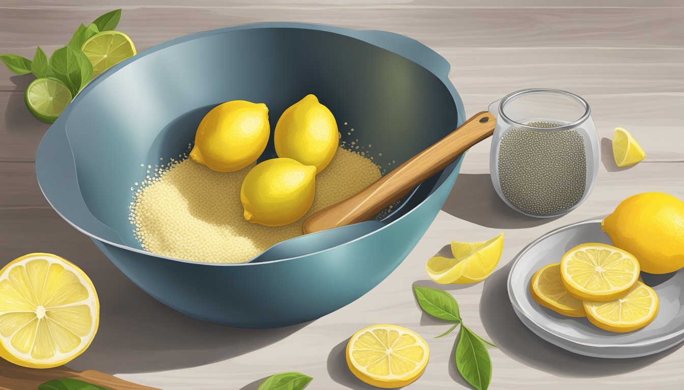 A mixing bowl filled with ingredients for zesty lemon cookies, a wooden spoon, and a lemon zest grater on a kitchen counter