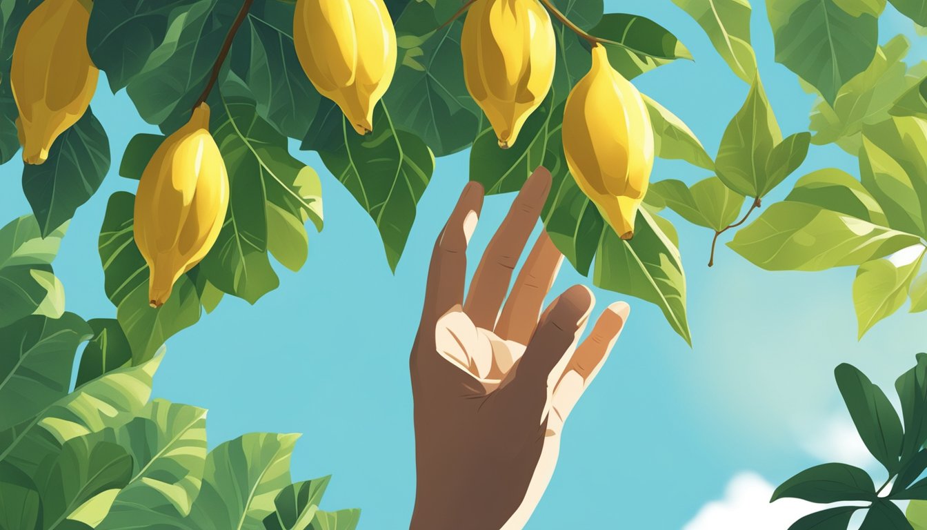 A hand reaching for a ripe starfruit hanging from a tree, surrounded by lush green leaves and a clear blue sky