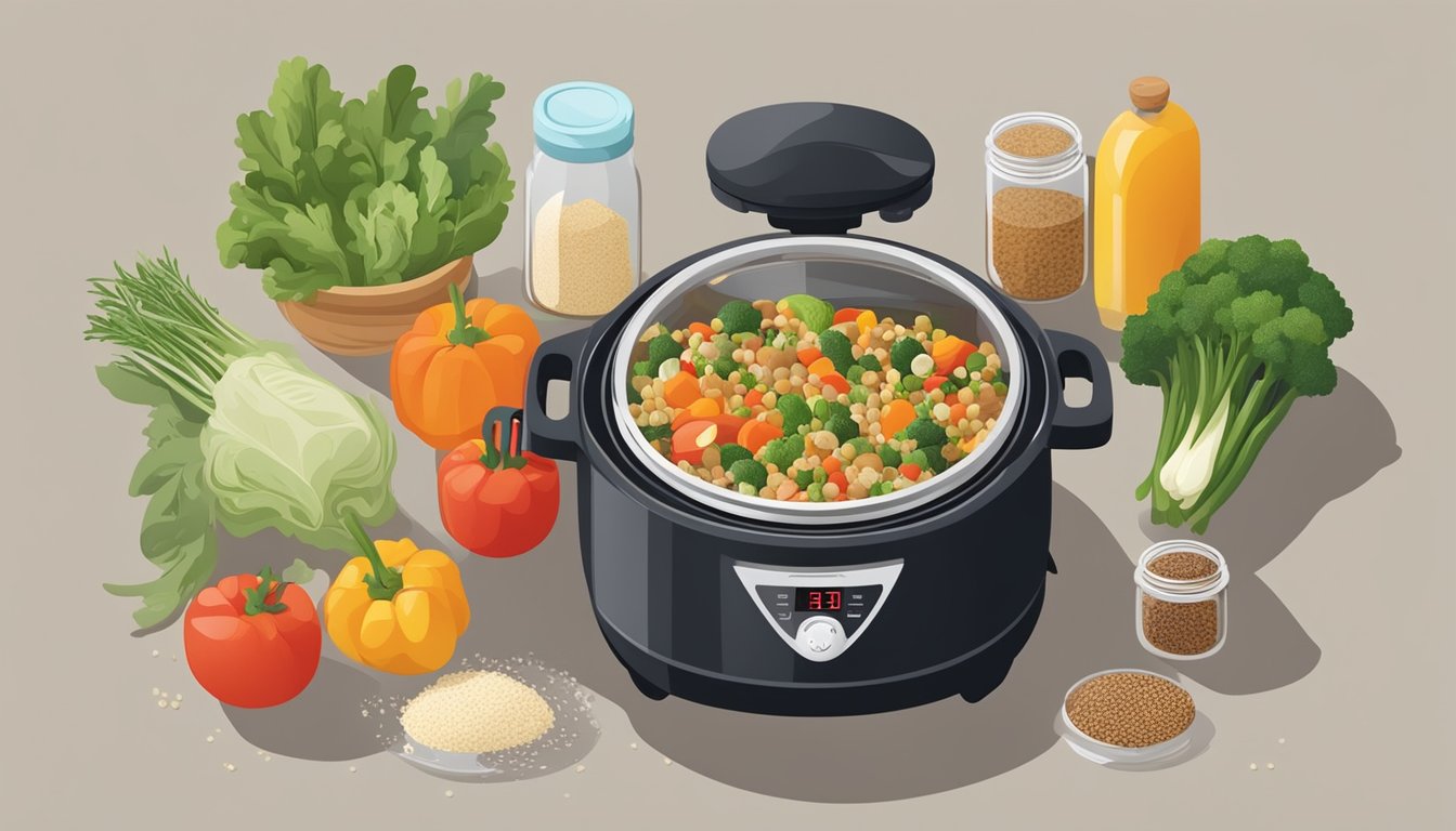 A kitchen counter with a pressure cooker surrounded by fresh vegetables, grains, and spices. A meal prep container is filled with neatly organized, portioned meals