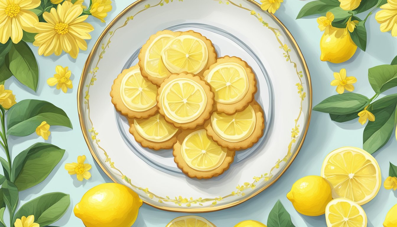 A plate of lemon cookies surrounded by freshly sliced lemons and vibrant yellow flowers, with a glass of lemonade on the side