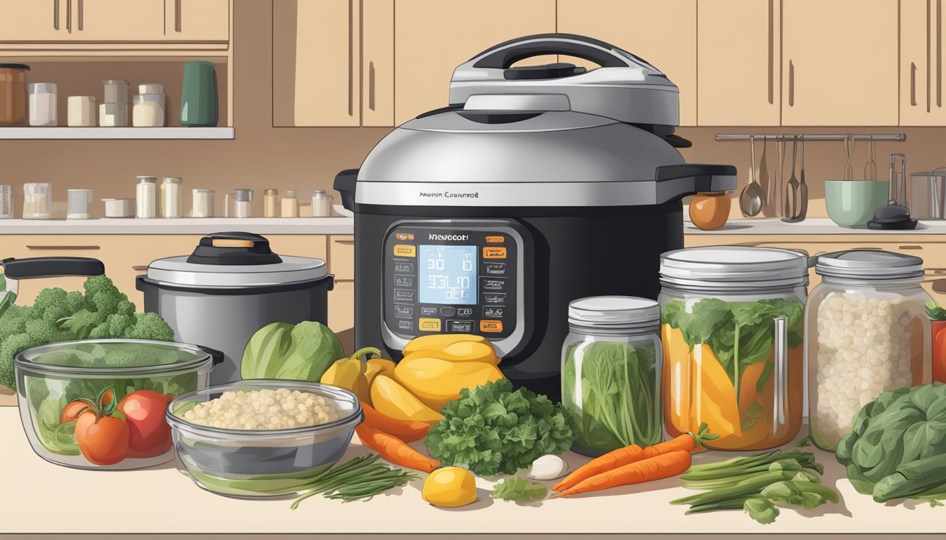 A kitchen counter with a variety of fresh ingredients, a pressure cooker, and organized containers for meal prepping