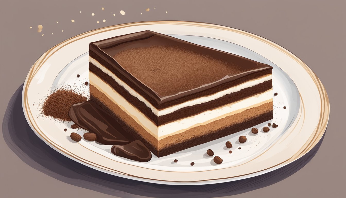 A slice of tiramisu cake on a delicate plate, surrounded by a sprinkle of cocoa powder and topped with a dusting of chocolate shavings