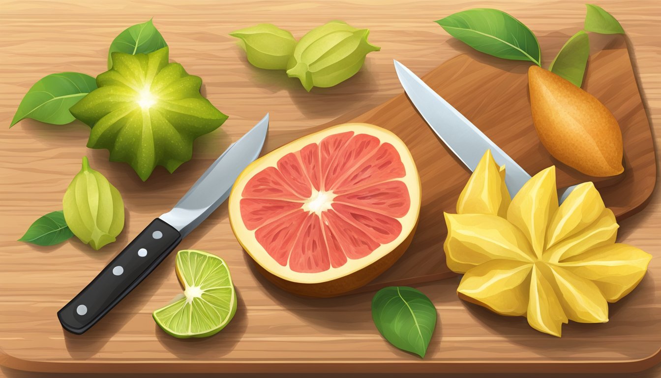 A starfruit sliced on a cutting board, with a knife and fork nearby