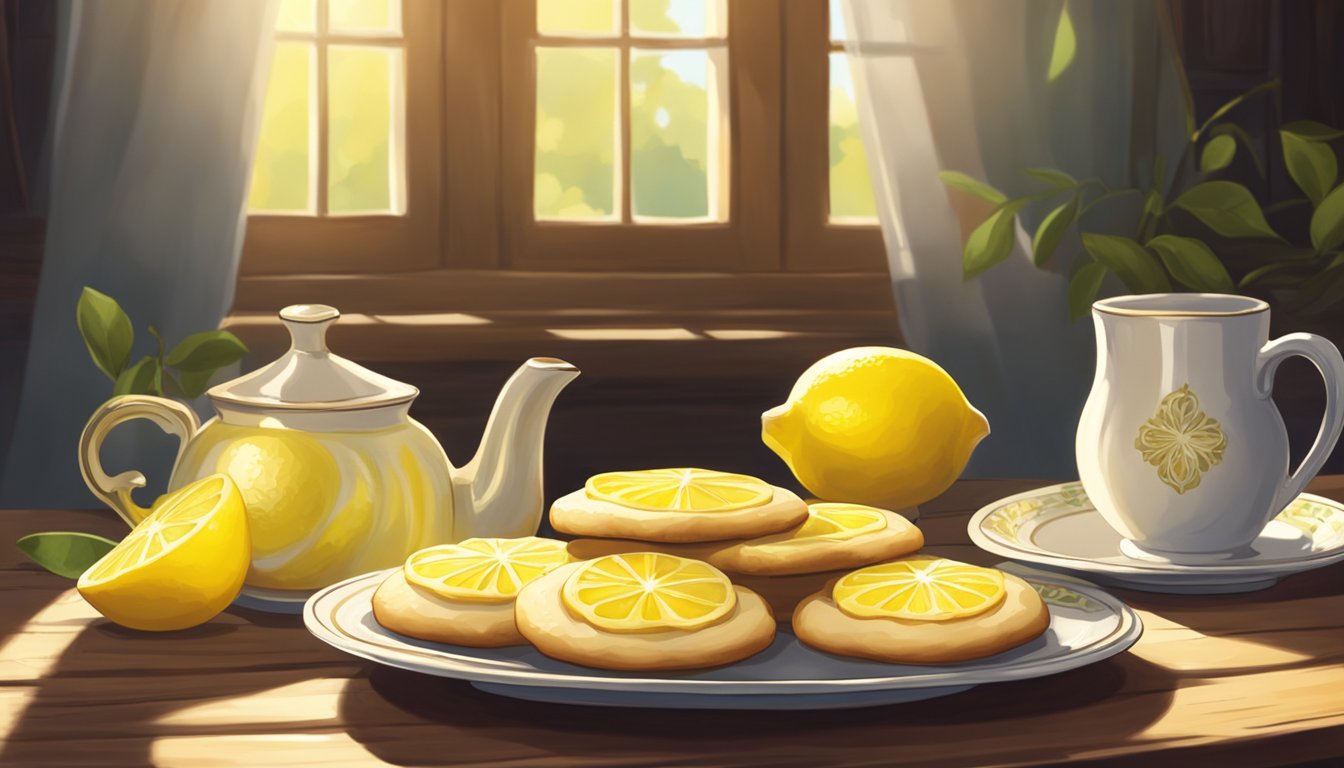 A plate of lemon cookies on a rustic wooden table, surrounded by fresh lemons and a vintage tea set. Sunlight streams through a nearby window, casting a warm glow on the scene