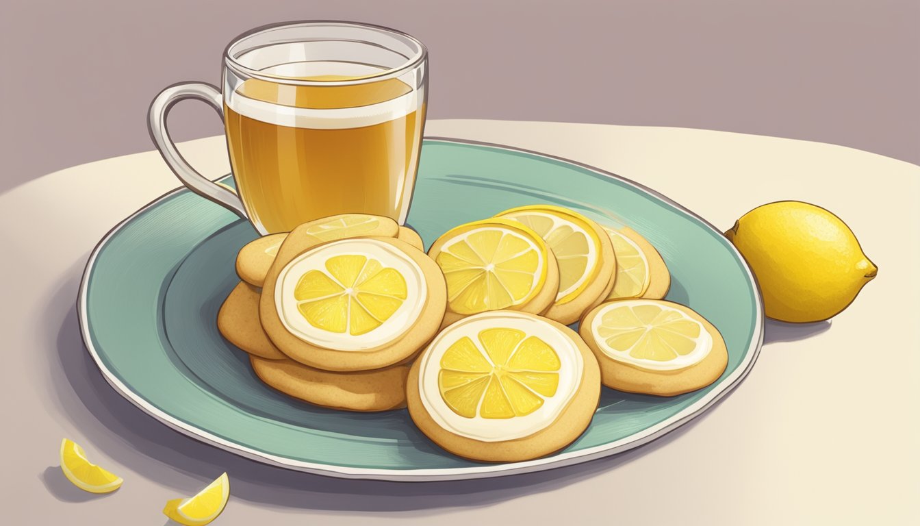 A plate of zesty lemon cookies arranged with a lemon wedge garnish and a side of hot tea